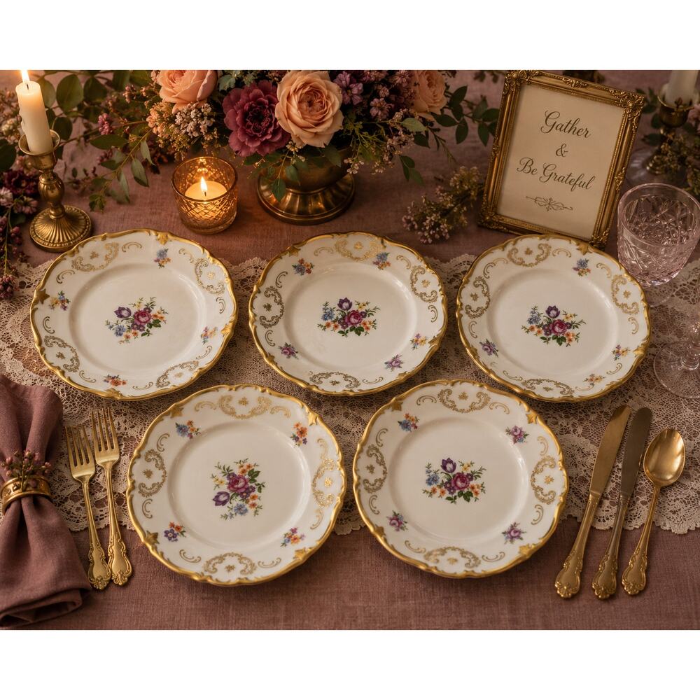 5 Reichenbach GDR Fine China Dessert Plates Gold Gilt Floral Scalloped 7.5 inch